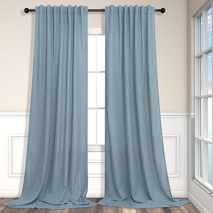 Pitalk 102 Length Curtains for Living Room Dinning 2 Panels Back Tab Pocket Light Filtering Burlap Window Drapes Stone Blue Linen Curtains 102 Inches Long for Sliding Glass Door Bedroom Grey Gray Blue
