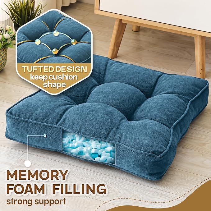 1 MIDDLE ONE Floor Pillow Set of 2, Memory Foam Floor Cushions for Adults, Large Meditation Pillow for Sitting, 22 x 22 Inches (Square | Navy)