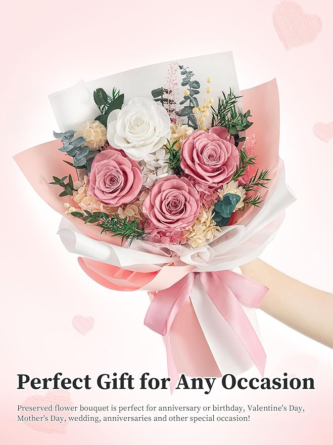 Flomoon Forever Flowers Gifts for Mom, Mothers Day Preserved Flowers Bouquet Birthday Gifts for Her, Preserved Roses for Grandma Wife Anniversary Valentines Day Christmas (Dusty Pink)