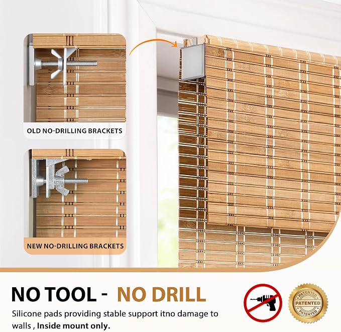 LazBlinds No Drill Bamboo Roman Shades, 35x64, Brown | Light Filtering Window Treatment, No Tools Cordless Roll Up Bamboo Blinds for Window