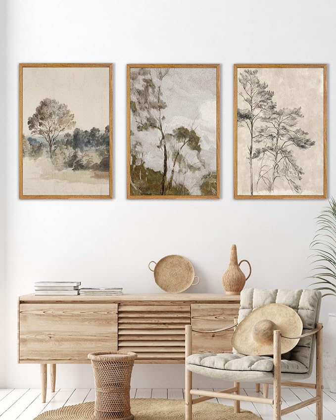 UPWOIGH Neutral Landscape Framed Wall Art, 16 x 24 Inch, Set of 3 | Muted Tree and Countryside Prints, Soft Beige and Gray Tones, Light Wood Frames for Bedroom, Office and Living Room