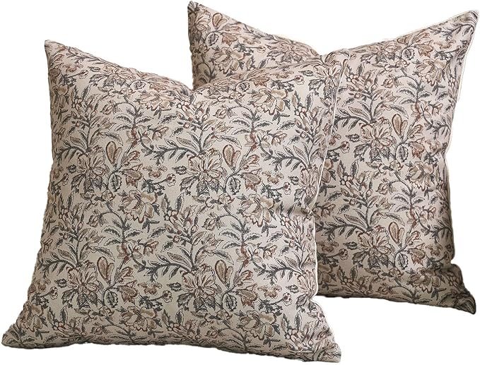 Amor Virisso Floral Throw Pillow Covers 18x18 Set of 2 Couch Pillows for Living Room Farmhouse Vintage Block Print Pillow Covers Decorative Pillow Covers Accent Sofa Pillows, Green/Sand