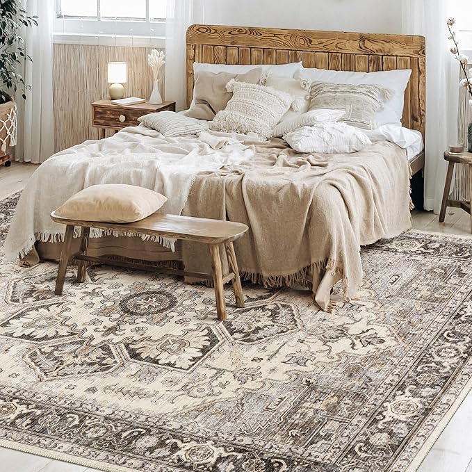Area Rug for Living Room - 8x10 Soft Machine Washable Oriental Vintage Floral Distressed Large Indoor Floor Carpet for Bedroom Under Dining Table Home Office Decor - Grey Brown