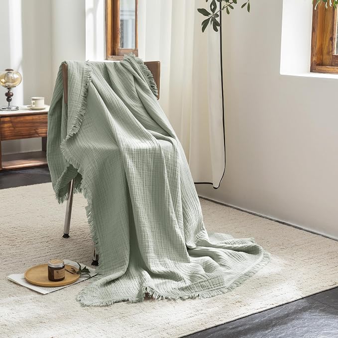 FOSSA Muslin Blanket 4-Layer 100% Cotton Gauze Blanket with Fringe 66"x90" | Super Soft Breathable Lightweight All Season & Decorative Blanket or Bed, Sofa, Office (Sage Green,Twin XL)