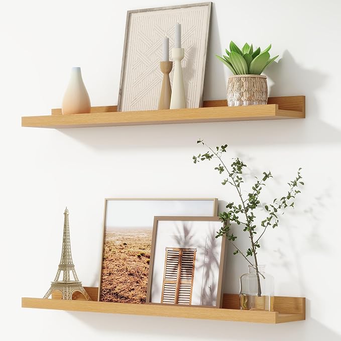 FLYJOE Picture Ledge Shelf, Floating Shelves Set of 2, 30 Inches Nursery Book Shelves for Toys Storage, Kids Bookshelf Wall Mounted for Living Room Bedroom Decor Books Photo Frames, Natural Oak