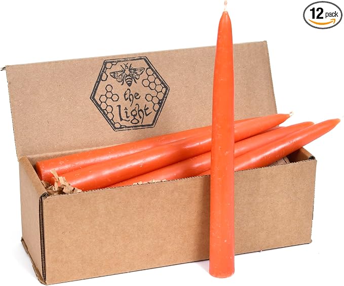 100% Pure Beeswax Taper Candles - All-Natural Handmade Decorative & Dipped Smokeless Unscented Candles for Christmas, Advent, and Hanukkah, Citrus Orange, 8.5 Inches, 12 Candle Set, by BeeTheLight