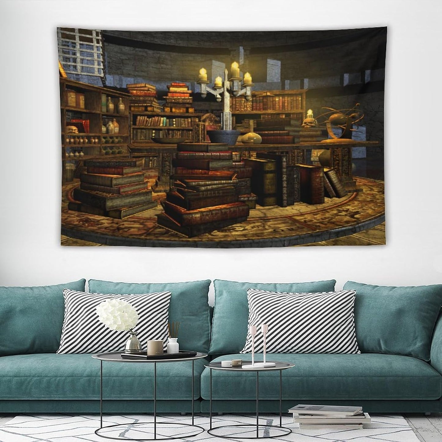 Kurtect Library Tapestry,Vintage Medieval Bookshelf Wooden Bookcase Antique Magic Art Tapestries for Party Beach Picnic Blankets Tablecloths Living Room Wall Deocr, 60x90 in