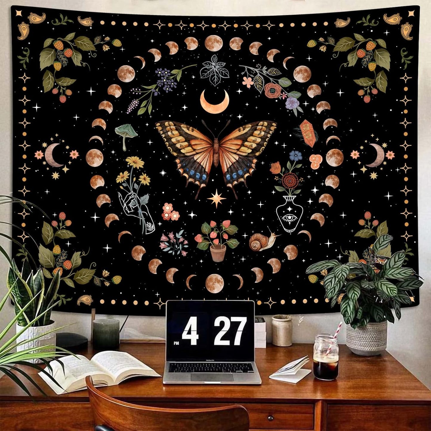 Aipon Yellow Butterfly Moon Flower Tapestry Botanical Floral Plant Boho Tapestry for Bedroom Aesthetic Vintage Tapestries Wall Hanging for Living Room Dorm (60.00'' × 80.00'', Yellow)