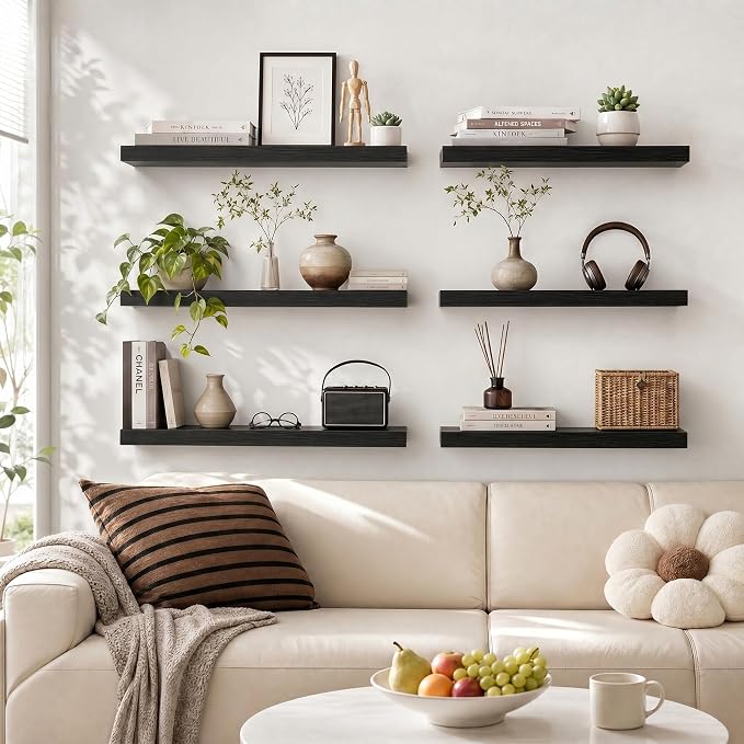Heimlove 55 Inch Long Floating Shelves for Wall,9.3" Deep Black Floating Shelf Set of 2,Large Display Shelf & Storage Shelf,Wall Mounted Shelves for Bedroom Living Room Kitchen Office