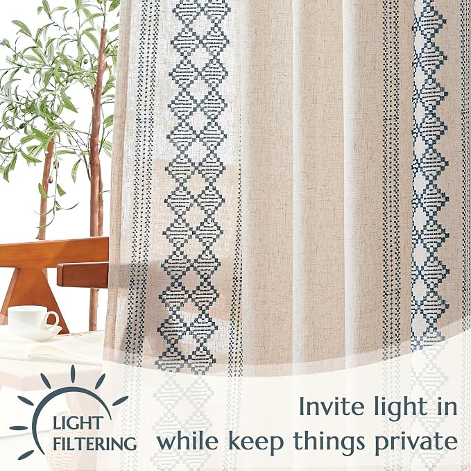 jinchan Boho Curtains Linen Blend Beige Farmhouse Curtains 84 Inches Long for Living Room Blue Square Embroidered Bordered Back Tab Bedroom Window Light Filtering Bohemian Drapes 2 Panels