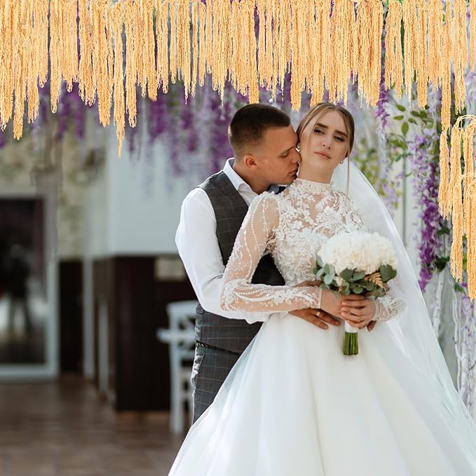 Suncalla 12 Pcs Champagne Spring Natural Dried Amaranthus Hanging Flowers Amaranthus Artificial Flowers for Wedding Arch Bouquet Floral Garland Wall Home Decoration (23 Inch)