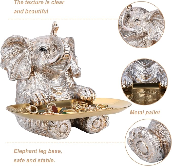 Silver Elephant Statue For Home Decor Accents Living Room Bookshelf TV Stand Office. Trinket Dish. Retirement Appreciation Gift -Gift for Mom Boss Co-workers, Teachers, Nurse, Friends, Wife, Sister