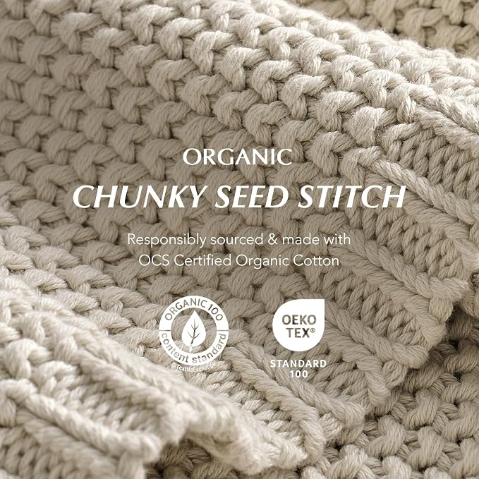 EverGrace Organic Cotton Chunky Knit Throw Blanket, 60 x 80 Birch | OCS Certified Organic Cotton, Seed Stitch Knit, Soft & Breathable, Cozy Midweight, Decorative Throw for Couch, Bed & Sofa