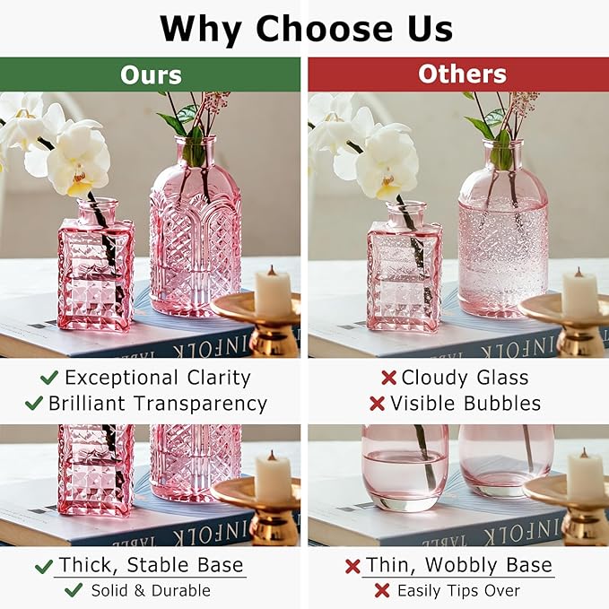 SUPMIND Glass Bud Vase Set of 16, Small Pink Flower Vases for Table Centerpieces in Bulk, Cute Mini Vintage Vase for Wedding, Home Decor, Table Decoration