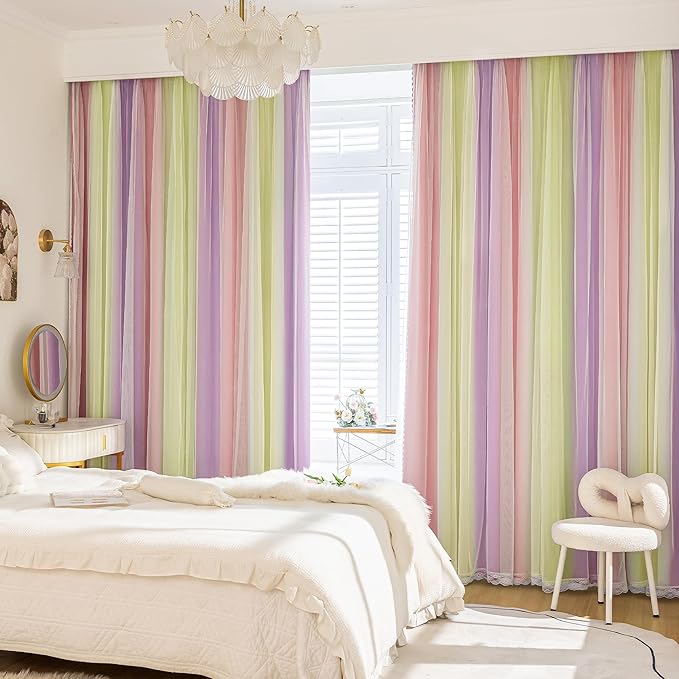 XiDi Pink Yellow Curtains 84 Inches Long 2 Panels for Girls Bedroom Blackout Curtains with Sheer Overlay for Kids Princess Nursery Room Darkening Mix & Match Double Layer Grommet Drapes W34 X L84
