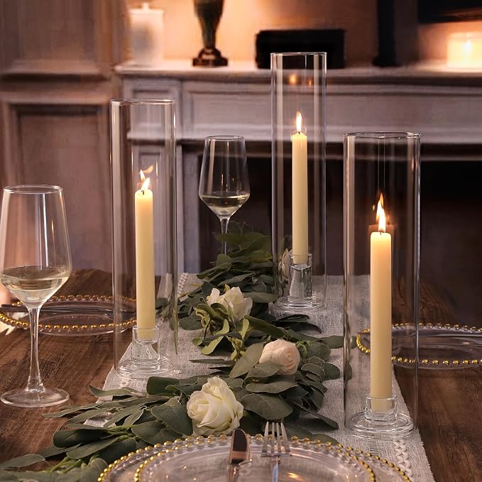 6 Set Hurricane Glass Candle Holders for Taper Candles, Assorted Heights Candlestick Holders with Windproof Glass Tubes (11.8/12.6/13.8"), Taper Candle Holders for Wedding Table Decor, Party, Events