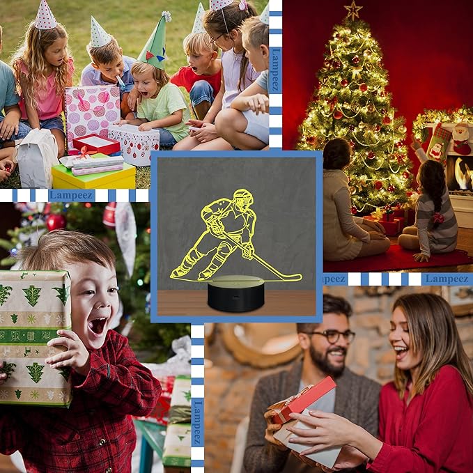 Lampeez Ice Hockey Player 3D Night Lights for Kids LED 16 Colors Remote Control Changing Touch Dimmable Table Desk Lamp Birthday Xmas Gifts Home Decor for Sports Hockey Fan