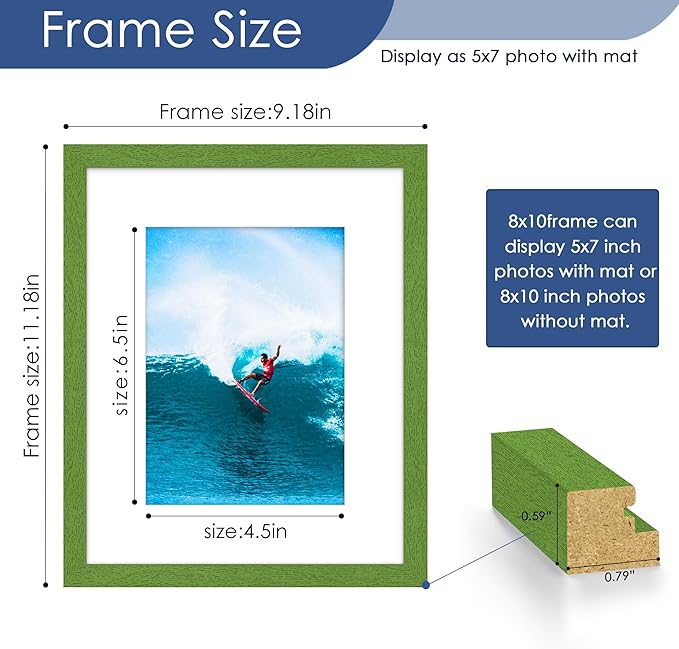 PEALSN 8x10 Picture Frame Set of 6, Display Pictures 5x7 with Mat or 8x10 without Mat for Wall Mounting or Table Top Display, Photo Frames Collage for Wall Decor, Green
