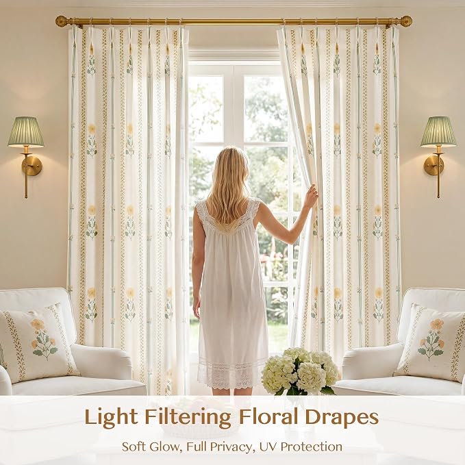 THREE GIRLS Floral Pinch Pleated Light Filtering Curtains 90 Inches - Printed Linen Blend Drapes for Living Room, Bedroom, Dining, Modern Farmhouse with Hooks, 2 Panels Set, 40" W x 90" L Yellow