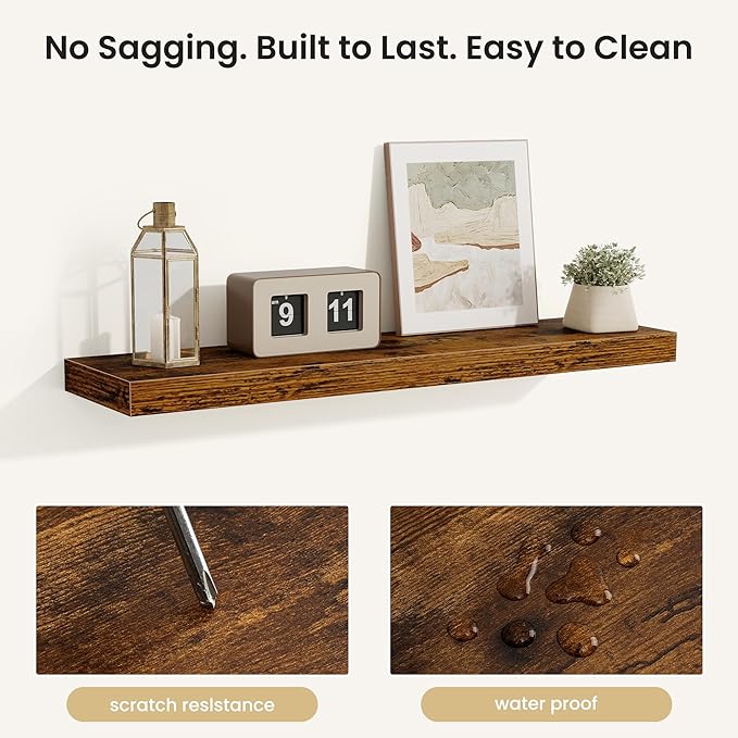 Fun Memories Floating Shelves for Wall, Rustic Wood Wall Mounted Shelves for Bathroom, Bedroom, Living Room and Kitchen, Storage & Home Decor (Set of 2, Brown, 32 in)