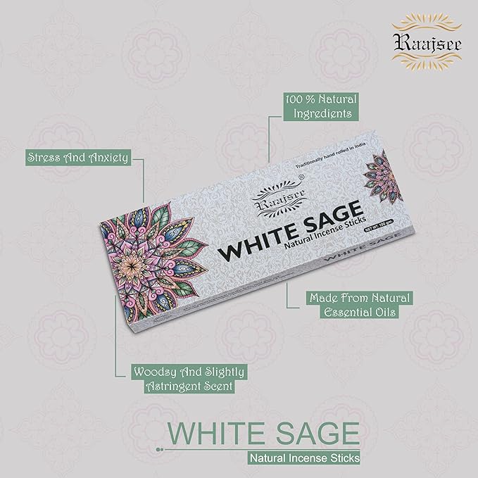 White Sage Incense Sticks for Cleansing 100 gm Pack - 100% Natural -Charcoal Free - Organic Non Toxic Clean Burning - Made from Upcycled Flowers