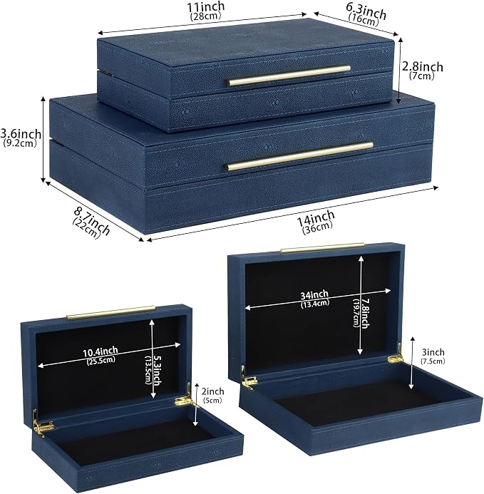 HofferRuffer Faux Leather Decorative Boxes Set of 2, Large Nesting Keepsake Box Accessory Organizer Jewelry Organizer with Hinged Lid, Stacking Storage Box Container for Home or Office (Navy Blue)