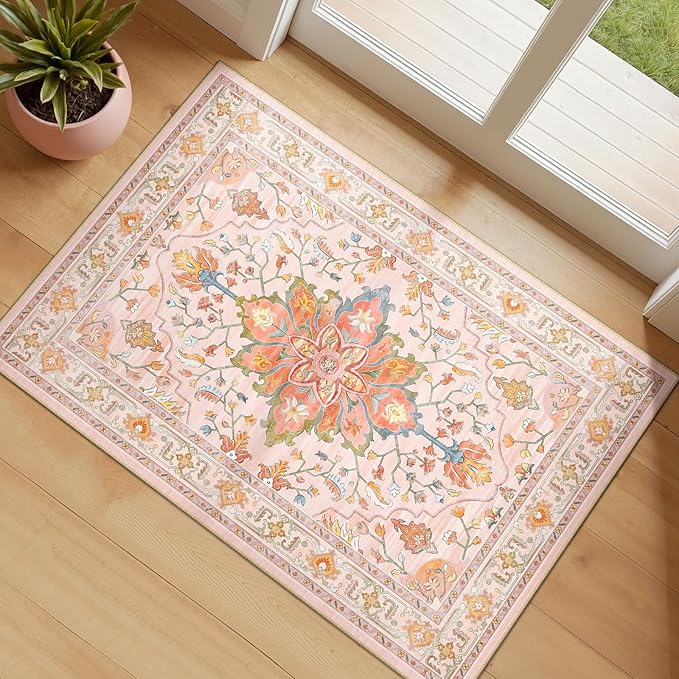 RELEANY Area Rugs 2'6''x4' Kitchen Rugs Entry Rug Small Rugs for Entryway Kitchen Bathroom Door Mat Indoor Entrance,Washable Non Slip, Light Pink Colorful