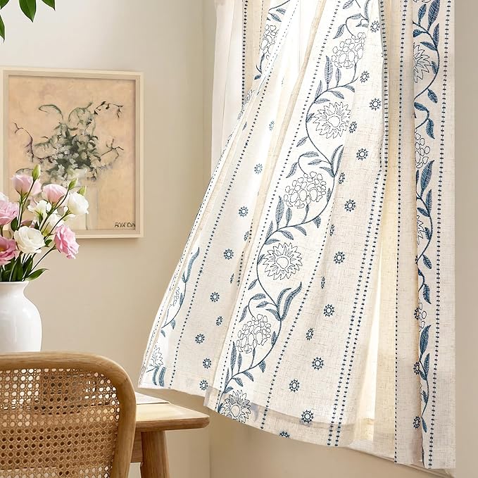 jinchan Winslow Linen Kitchen Curtains 24 Inch Length Small Window Curtains Embroidered Bordered Floral Drapes Light Filtering for Bathroom Laundry Room Farmhouse Decor Blue on Beige 2 Panels