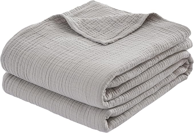 100% Cotton Muslin Queen Blanket (90" x 90") – A Luxuriously Soft, 4-Layer Lightweight and Breathable Gauze Blanket, Perfect for Year-Round use on beds, couches (Grey, Queen)