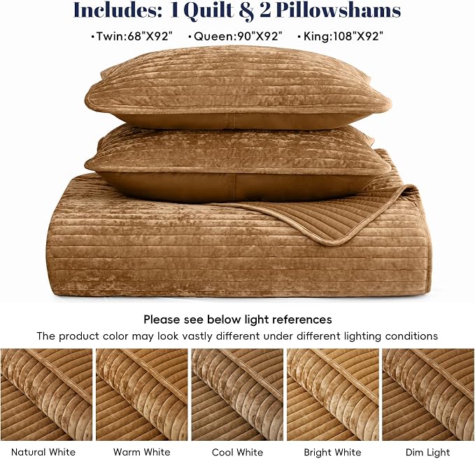 PHF Luxury Velvet Quilt Set Queen Size – 3PCS Ultra Soft Quilted Comforter Alternative with Striped Channel, Cozy Quilted Bedspread, 1 Coverlet with 2 Matching Shams, 90" x 92", Rusty Burnt Orange