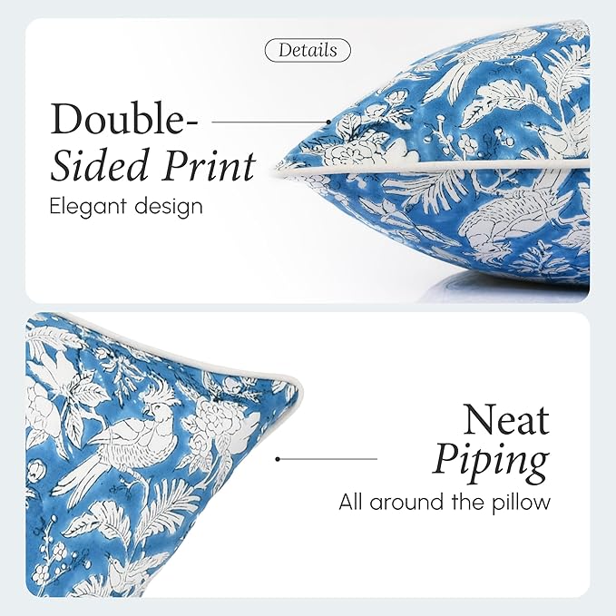 CPC 100% Cotton Throw Pillow Covers 20x20 Inch, Set of 2 Blue Block Print Pattern Couch Pillow, Cute Boho Decorative Pillows for Living Room, Bedroom with Hidden Zipper- Blue Sapphire