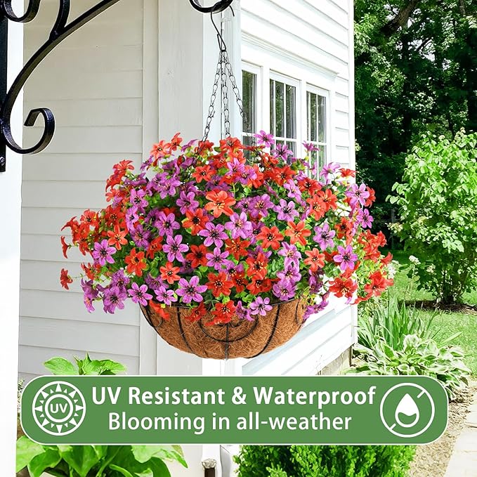 Artificial Flowers Fake Hanging Basket for Outdoor Spring Summer Decoration, 12 Bundles Faux Hanging Plants UV Resistant, Realistic Silk Flower for Outside Planters Porch Patio Balcony Yard Garden