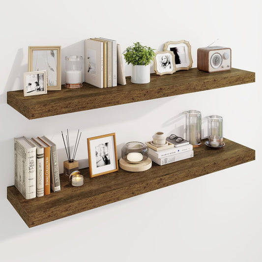 Marsmiles 48" Floating Shelves for Wall, Wooden Shelves with Invisible Brackets Set of 2, Rustic Farmhouse Wall Mounted Shelf for Kitchen Bathroom Living Room Study, Rustic Brown