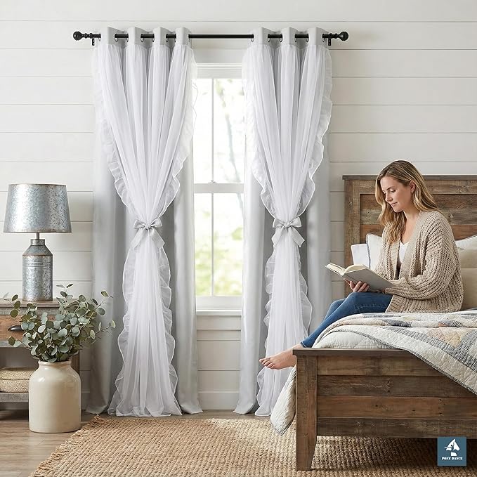 PONY DANCE Shabby Chic Curtains with Ruffle Sheer Overlay for Girls Bedroom, Double Layer Room Darkening Drapes,Farmhouse Rustic Design, 52" W x 95" L, Greyish White, 2 Pieces