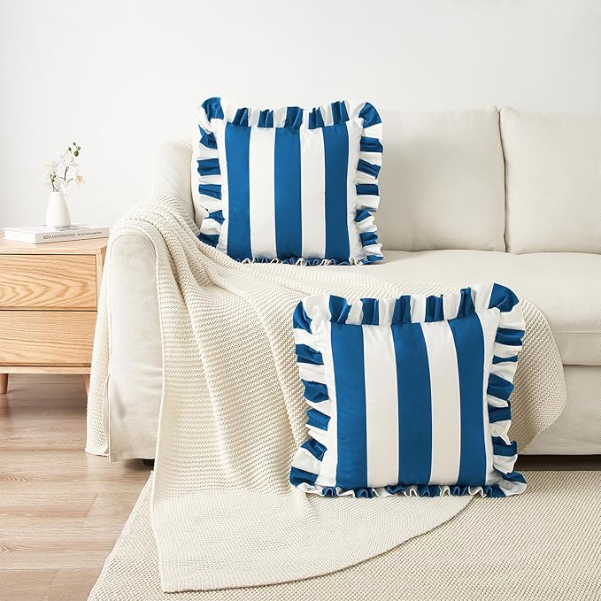 MONDAY MOOSE Decorative Throw Pillow Covers, Set of 2 Water-Resistant Striped Design with Ruffle Edge for Outdoor/Indoor Use, Pillow Inserts Not Included (16x16 inch, White/Blue)