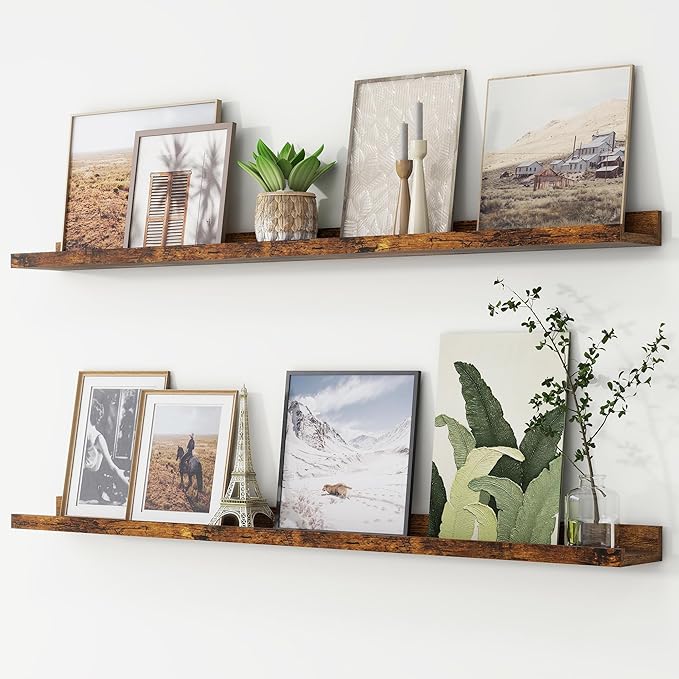 FLYJOE Picture Ledge Shelf, Floating Shelves Set of 2, 48 Inches Long Large Nursery Book Shelves for Toys Storage, Kids Bookshelf Wall Mounted for Living Room Bedroom Decor Books Photo Frames,Brown
