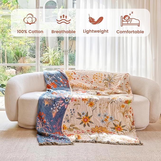MSGKV Boho Throw Blanket for Bed 60"x80" Cotton Floral Twin Size Blanket Lightweight Farmhouse Muslin Summer Breathable Couch Blankets Home Decor All Seasons