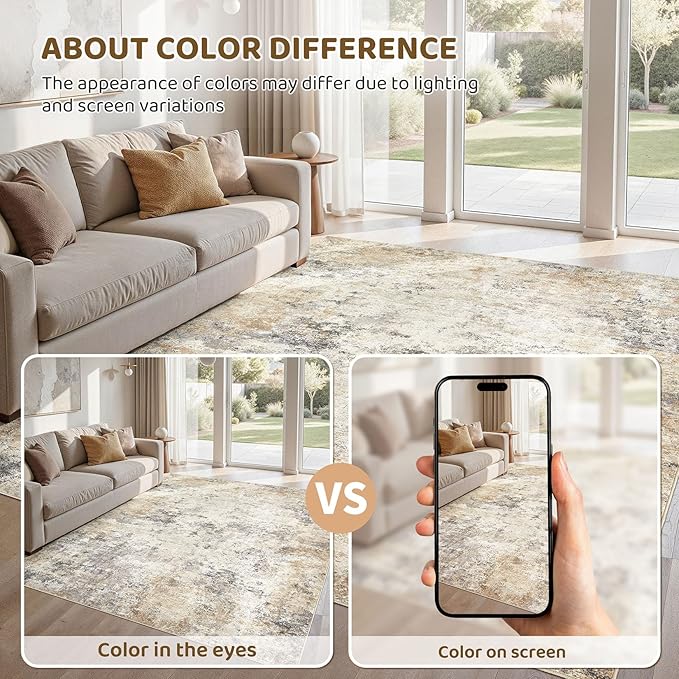 UERMEI 7x10 Area Rug Living Room Rugs - Washable Neutral Modern Abstract Soft Thin Large Rug Indoor Floor No Slip Rug Carpet for Bedroom Under Dining Table Home Office Decor - Golden Grey