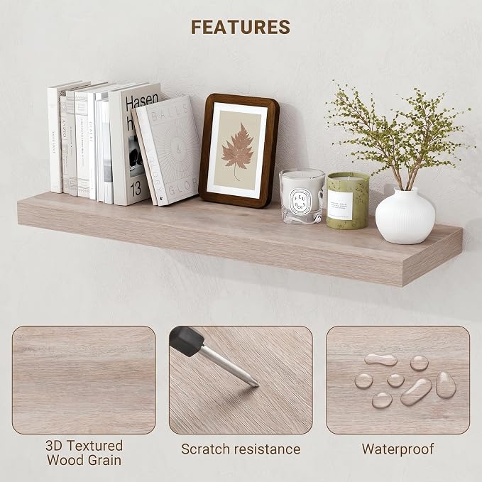Acovy 48 Inch Floating Shelves, 3D Textured Wood Grain, 48"x9.25"x1.5" Inch Deep Floating Shelves for Wall, Wooden Shelves for Bathroom, Bedroom, Living Room, Washed White, 1 Piece