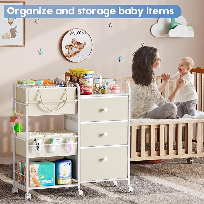 Cidaziya 2In1 Baby Diaper Caddy Organizers and Storage, 3 Tier Rolling Cart with Dividers and Drawers, Mobile Utility Cart Baby Dresser Clothes Organizer for Changing Table, Crib Nursery, Bedroom
