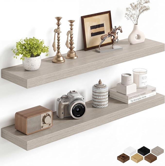 Fun Memories 36Inch Floating Shelves for Wall, 8 Inch Deep Shelves for Bathroom|Bedroom|Kitchen, Large Wall Mounted Wood Hanging Shelf with Invisible Brackets for Home Storage Decor, Grey - 2 Pack
