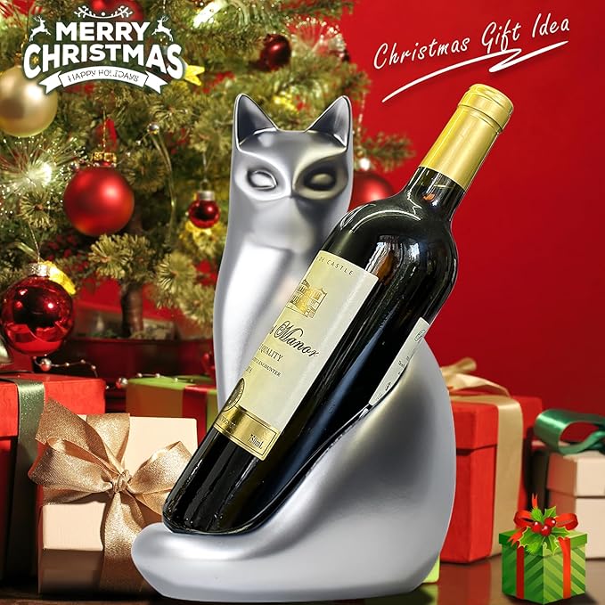 Tabletop Wine Rack Elegant Cat Shaped, Cat Decor Resin Wine Bottle Holder, Decorative Wine Storage for Home Bar, with Packaging for Cat Lovers Women, Silver