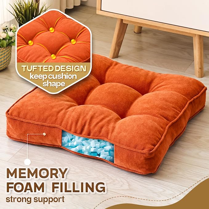 1 MIDDLE ONE Floor Pillow Set of 2, Memory Foam Floor Cushions for Adults, Large Meditation Pillow for Sitting, 22 x 22 Inches (Square | Orange)