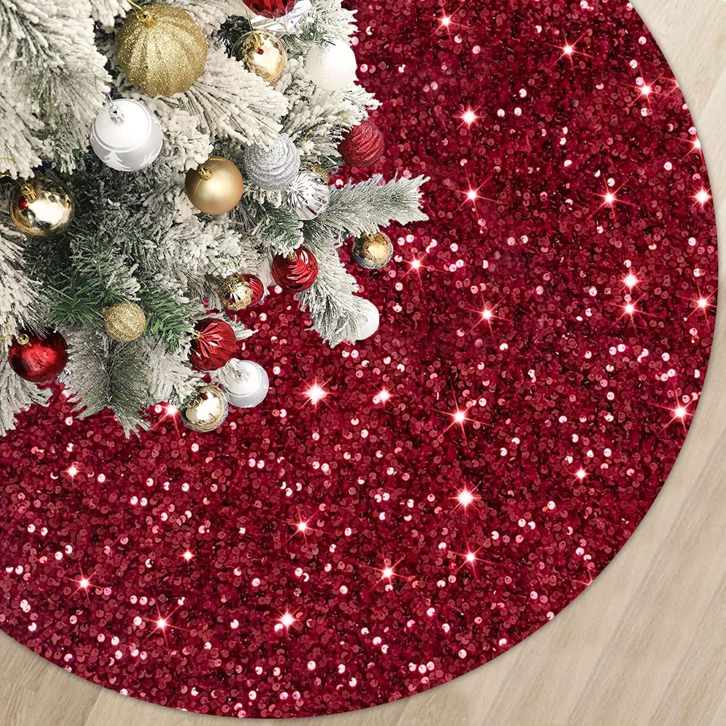 Sequin Tree Skirt 36 Inch Burgundy Christmas Tree Skirt Velvet Fabric Christmas Tree Floor Mat Glitter Tree Skirt Christmas Tree Carpet Wine Red Tree Skirt for Indoor Home Party Decor
