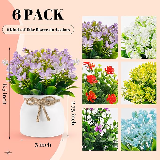 Der Rose 6 Pack Fake Plants Flowers Small Artificial Faux Plants in Plastic Macaron Pot for Home Bathroom Office Desk Accessories Wedding Decor Indoor