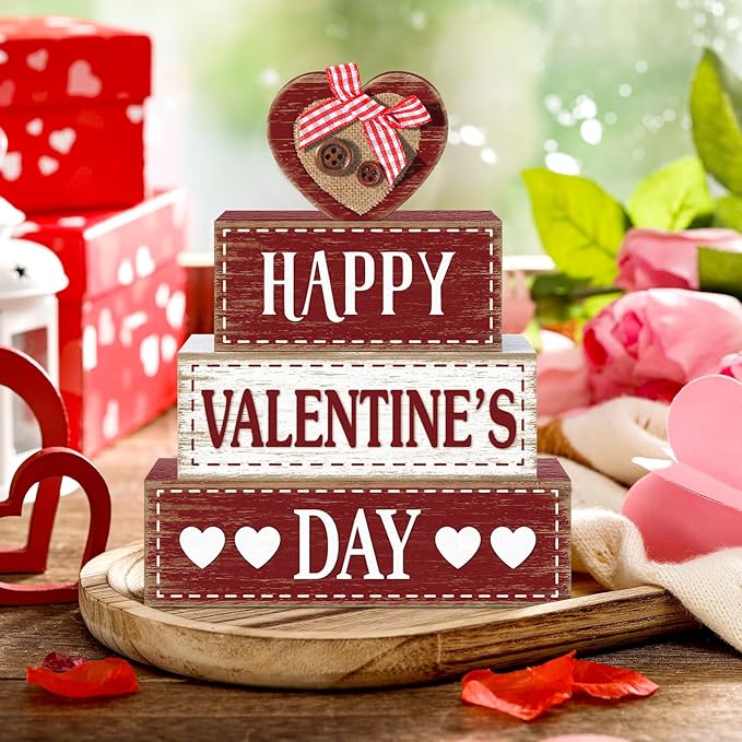 Marsui 4 Pcs Valentine's Day Wooden Signs Heart Truck Table Decor Rustic Distressed Valentines Centerpieces Blocks Farmhouse Tiered Tray Decor Valentine Day Decorations for Home Desk Shelf(Heart)