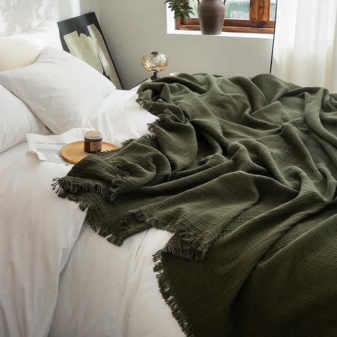 FOSSA Muslin Blanket 4-Layer 100% Cotton Gauze Blanket with Fringe 66"x90" | Super Soft Breathable Lightweight All Season & Decorative Blanket or Bed, Sofa, Office (Olive Green,Twin XL)