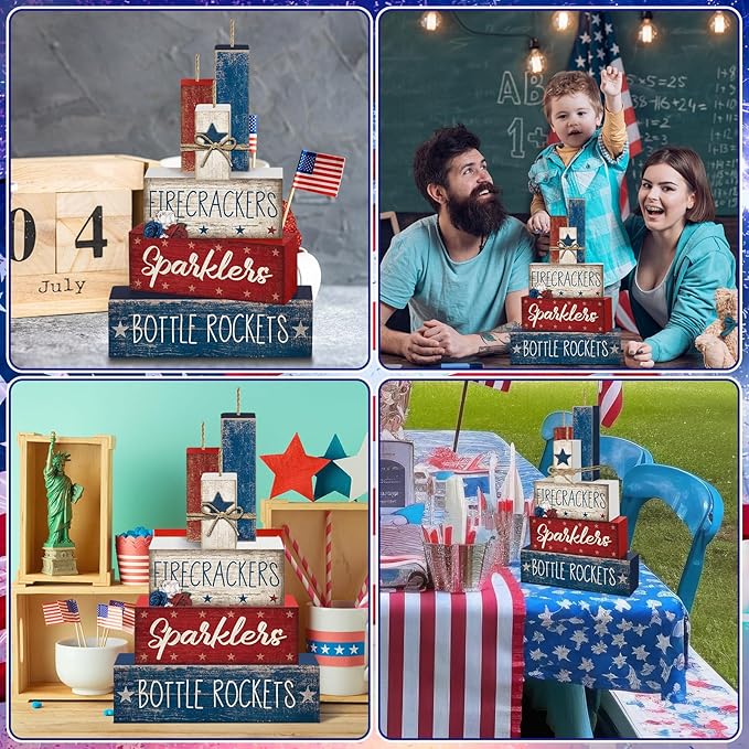 CroBlissful 4 Pcs 4th of July Decorations Patriotic Memorial Day Tabletop Decorations Red White Blue Table Centerpieces Sign for Office Tiered Tray Home Shelf 250th Anniversary(Firecrackers)
