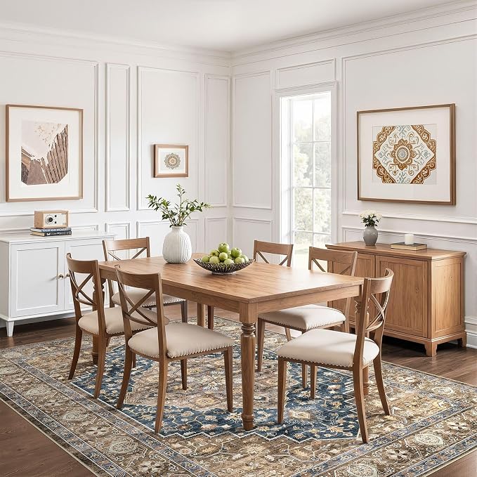 7x9 Area Rug Living Room: Washable Boho Large Neutral Vintage Soft Rug Stain Resistant Farmhouse Non-Slip Indoor Floor Carpet for Bedroom Nursery Kids Office Dining Room Playroom- Yellow Blue