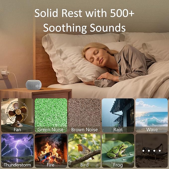 Hotmoon Alarm Clock with Sound Machine for Sleep, Luna Pro Dual-Stage Alarm, 507 Relaxing Sounds, Smart Night Light & Timer, Pink Green Brown White Noise Machine for Sleeping, Plug in, Cool Gray